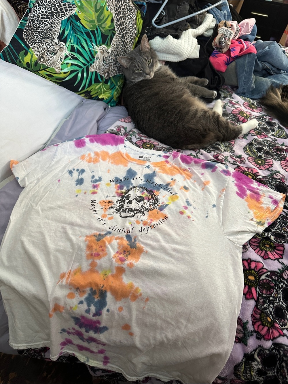 Hanes White Tie-Dye Skull & Cat Graphic Short Sleeve Tee